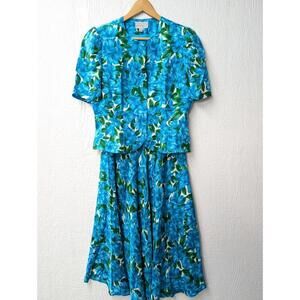 Vtg Adrianna Papell Silk Suit Skirt Turquoise Tropical Floral Hawaiian Size 10